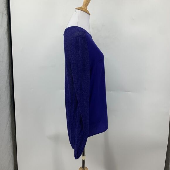 H&M Mixed Media Top Women M Deep Blue Contrast Open Knit Long Sleeve High Low - Picture 5 of 16